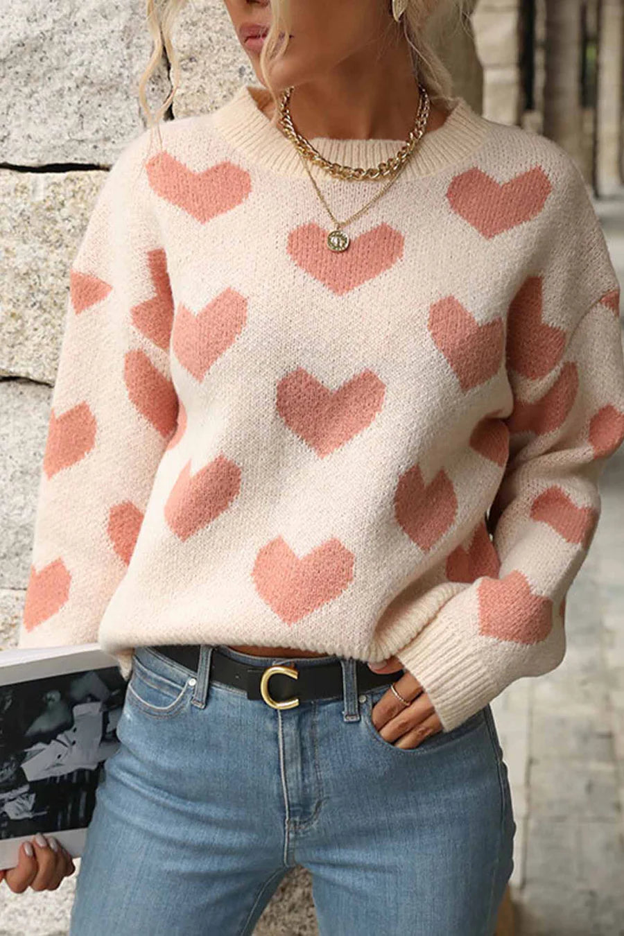 Heart Printed Crew Neck Knitted Sweaters