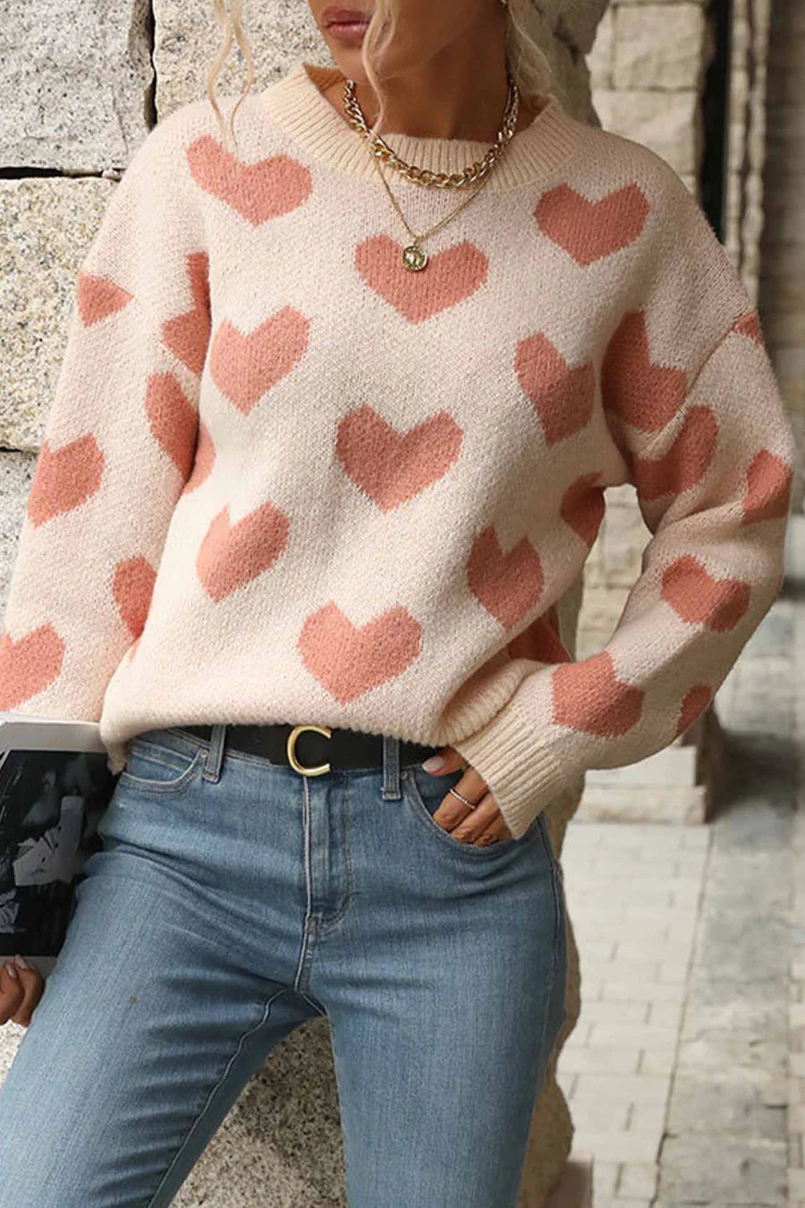 Heart Printed Crew Neck Knitted Sweaters