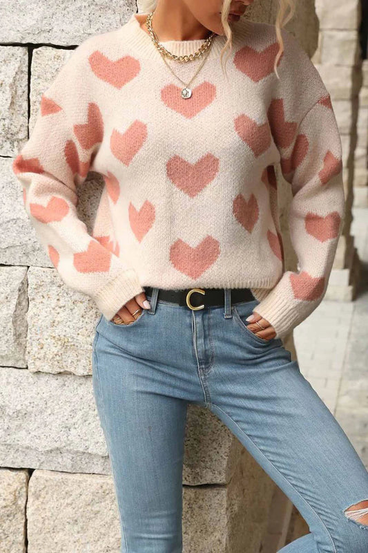 Heart Printed Crew Neck Knitted Sweaters