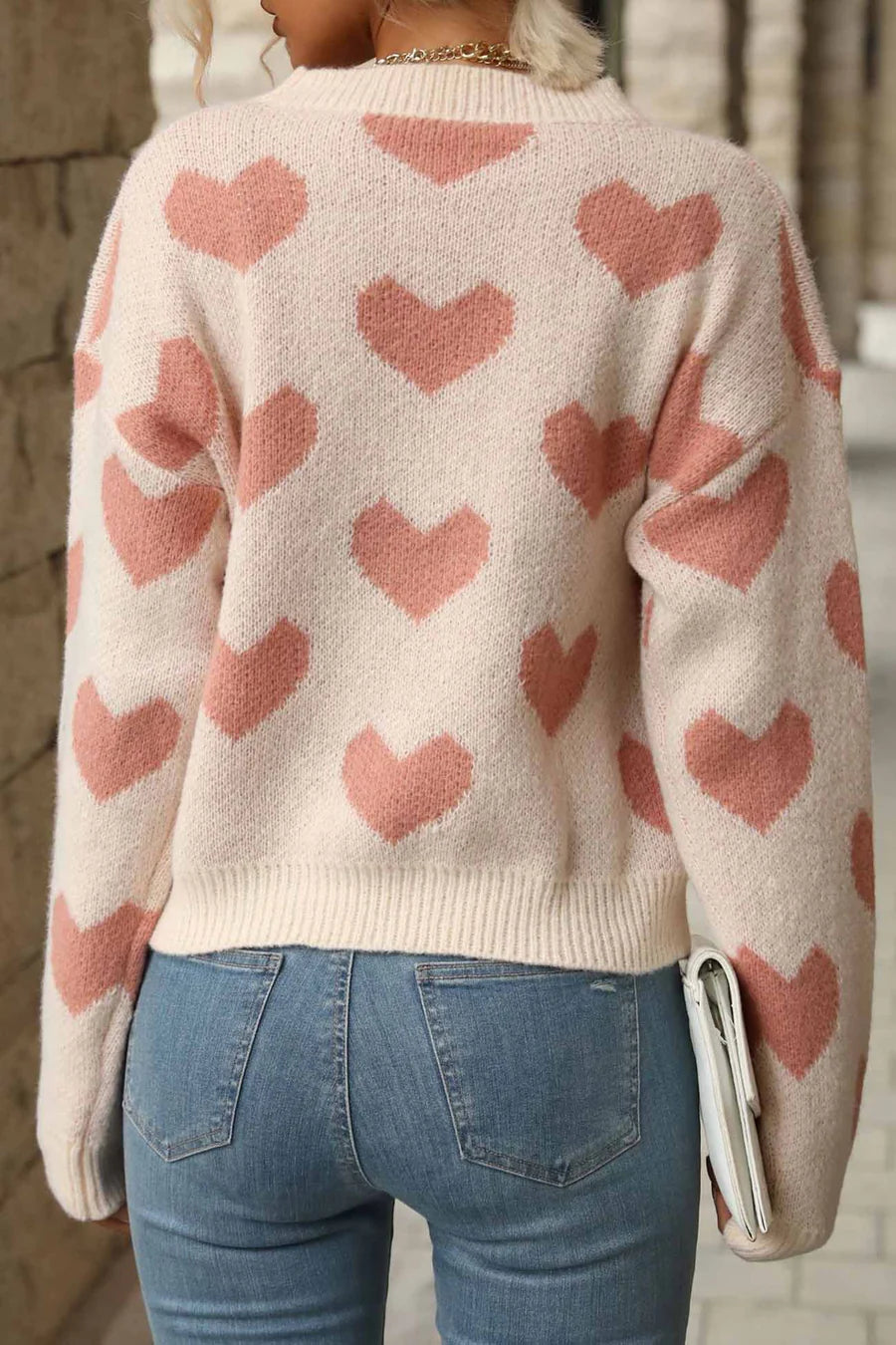 Heart Printed Crew Neck Knitted Sweaters