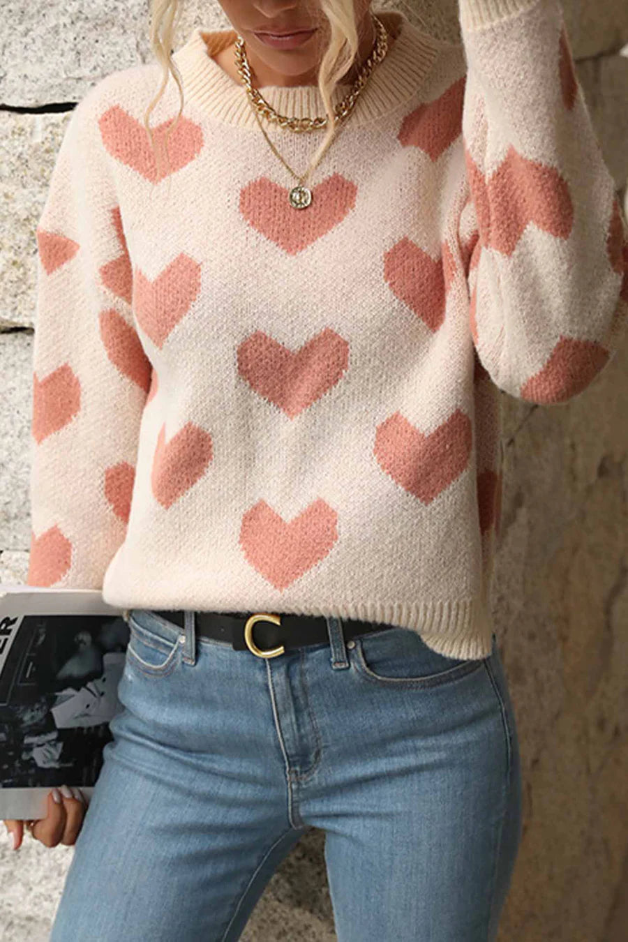 Heart Printed Crew Neck Knitted Sweaters