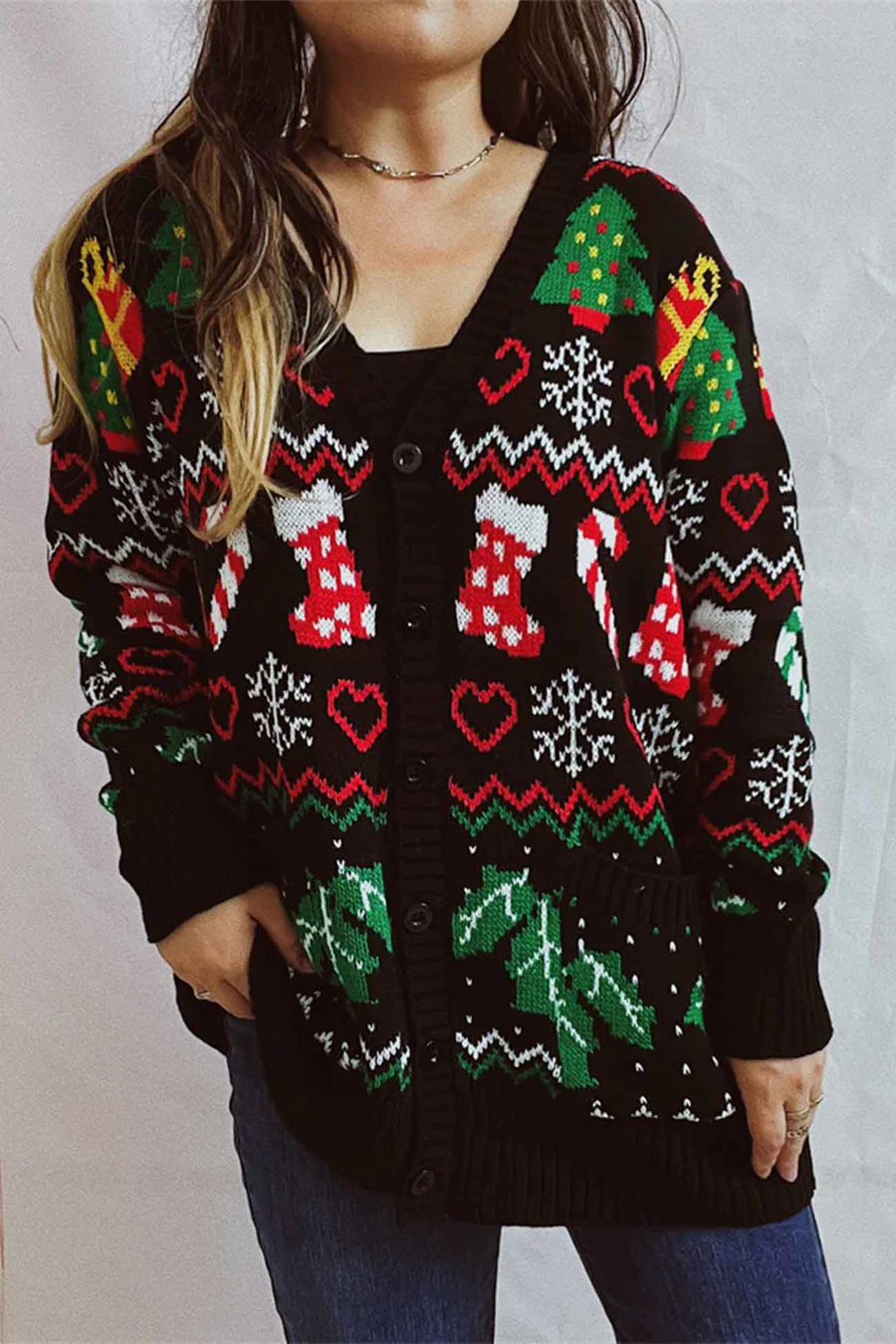 Contrast V Neck Jacquard Cardigan