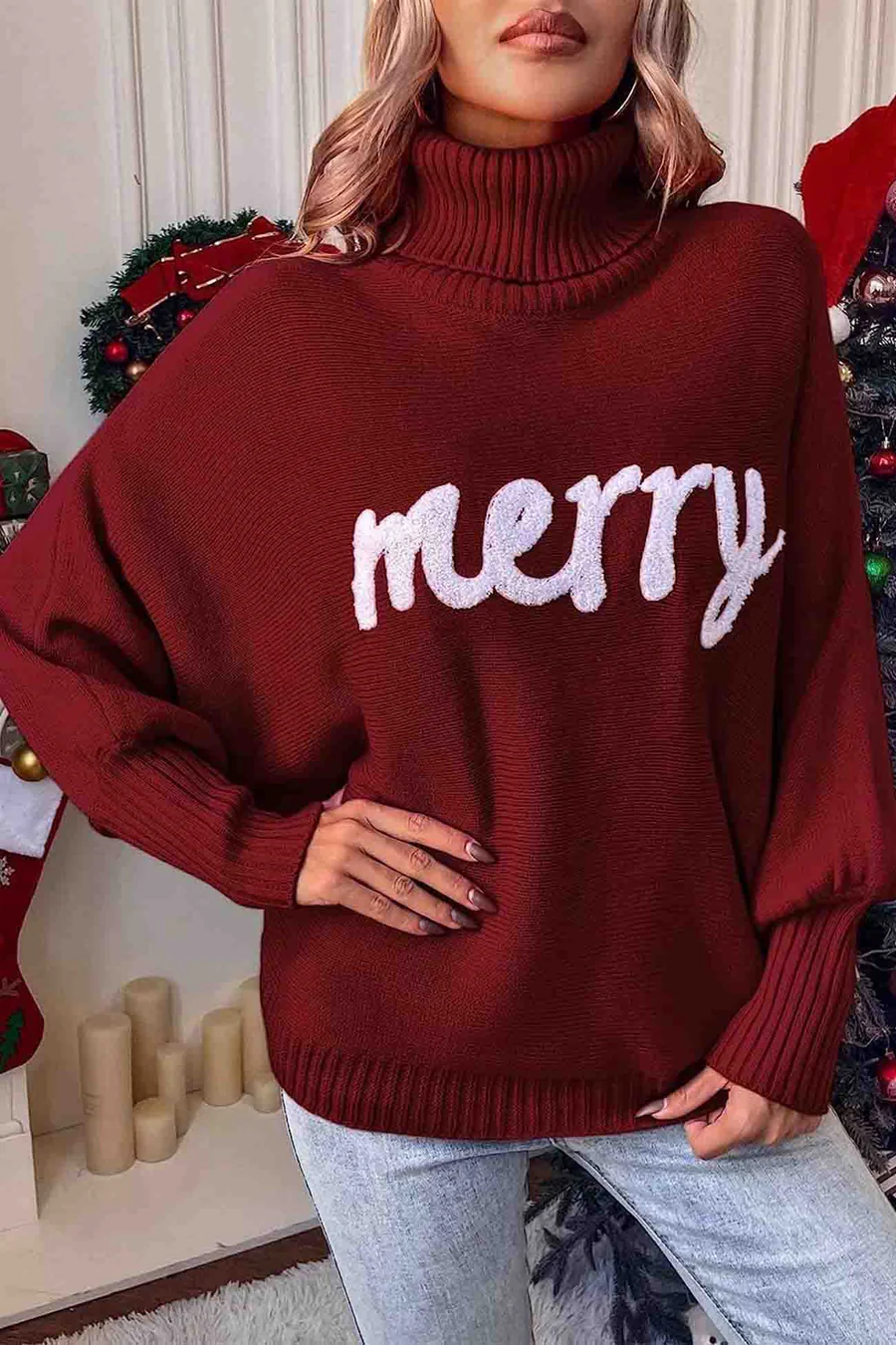 Merry Printed Dolman Sleeve Turtleneck Knitted Sweaters