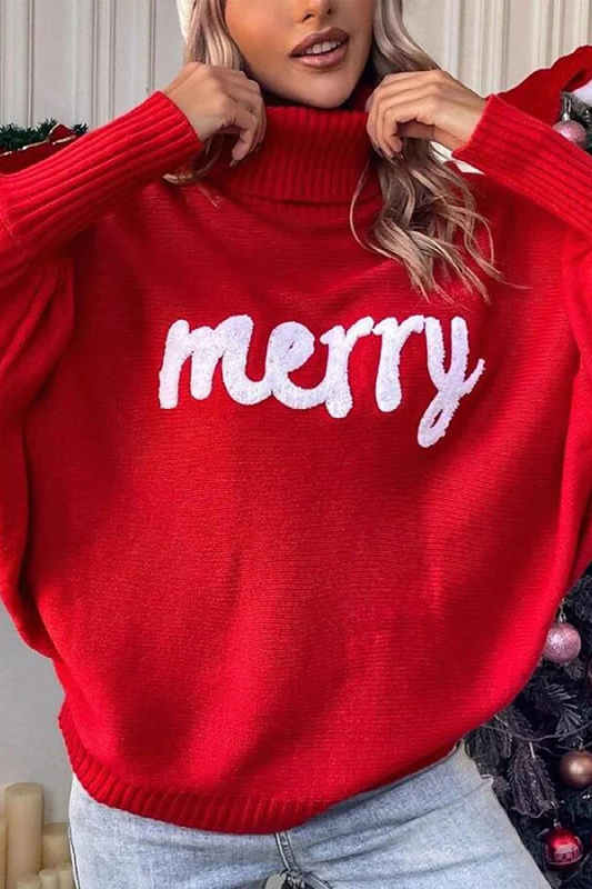 Merry Printed Dolman Sleeve Turtleneck Knitted Sweaters