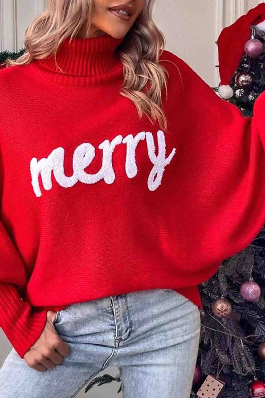 Merry Printed Dolman Sleeve Turtleneck Knitted Sweaters