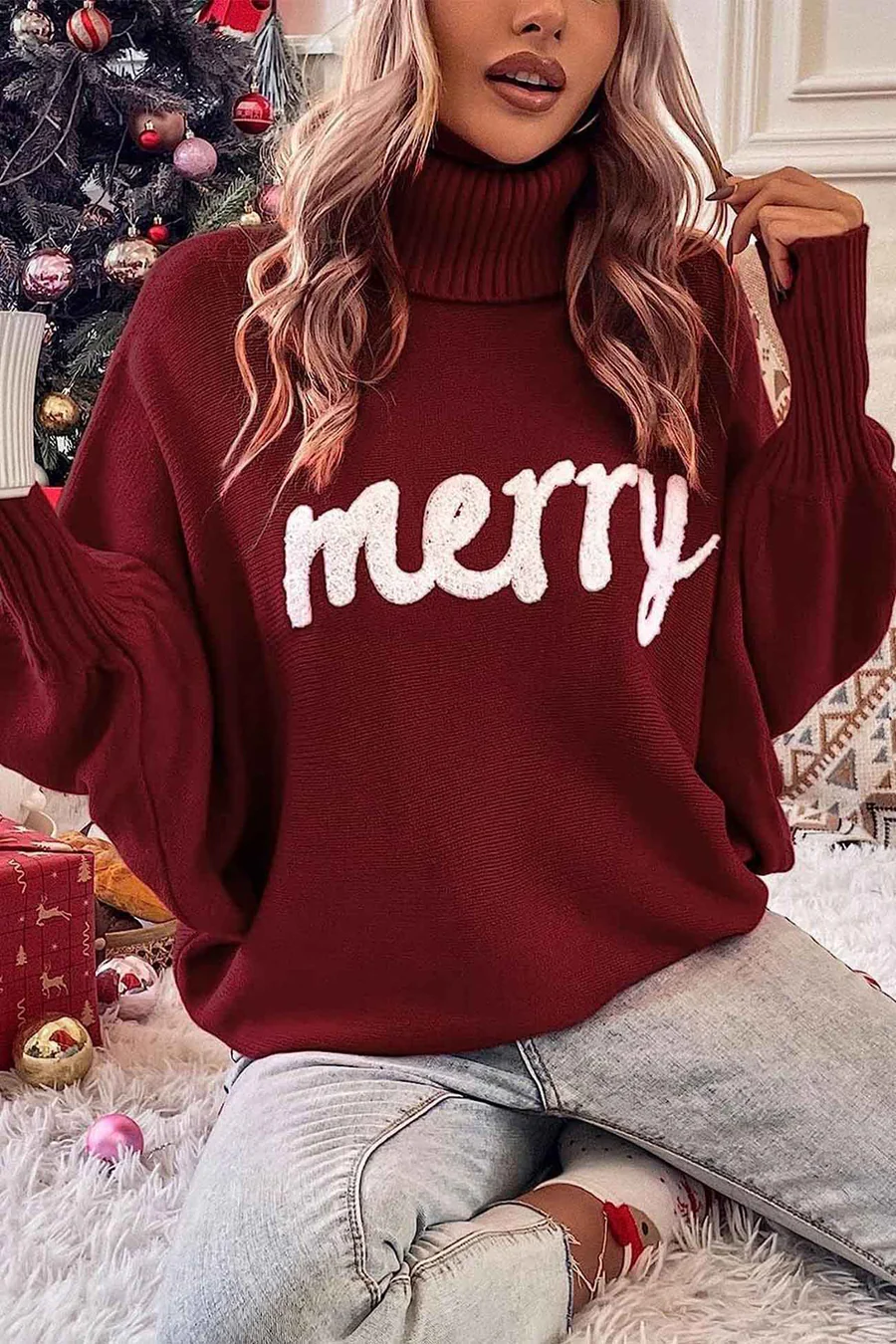 Merry Printed Dolman Sleeve Turtleneck Knitted Sweaters