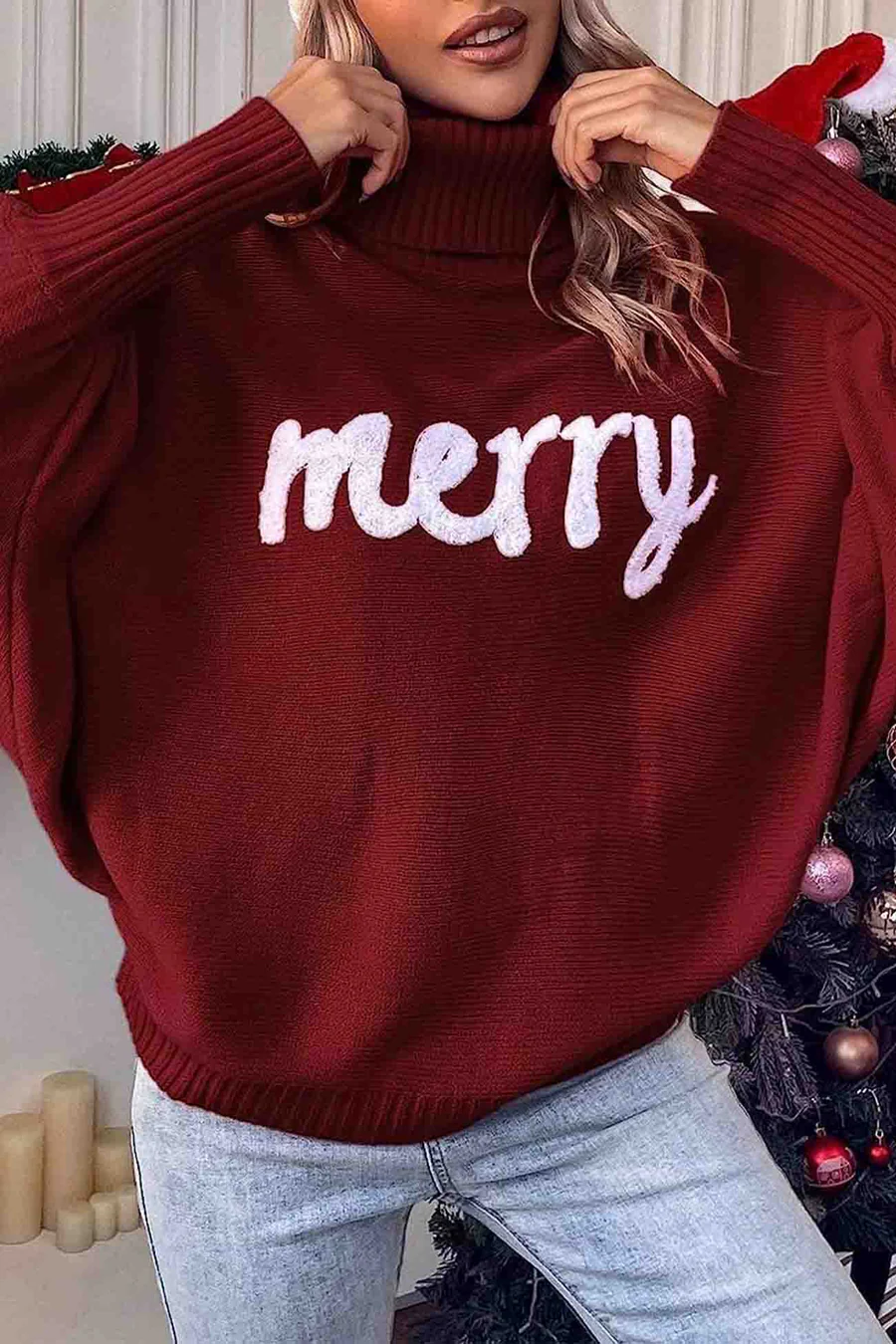 Merry Printed Dolman Sleeve Turtleneck Knitted Sweaters