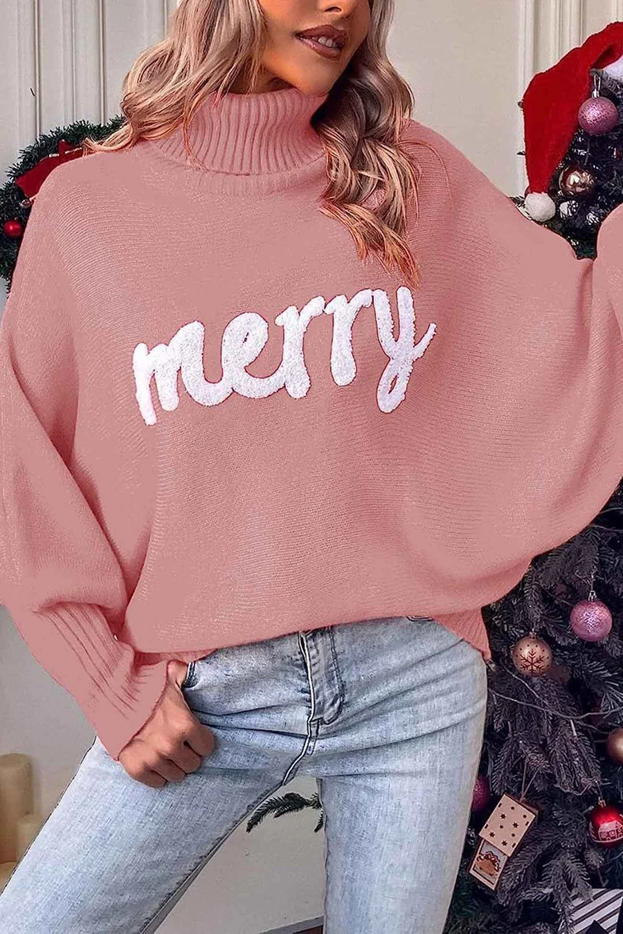 Merry Printed Dolman Sleeve Turtleneck Knitted Sweaters