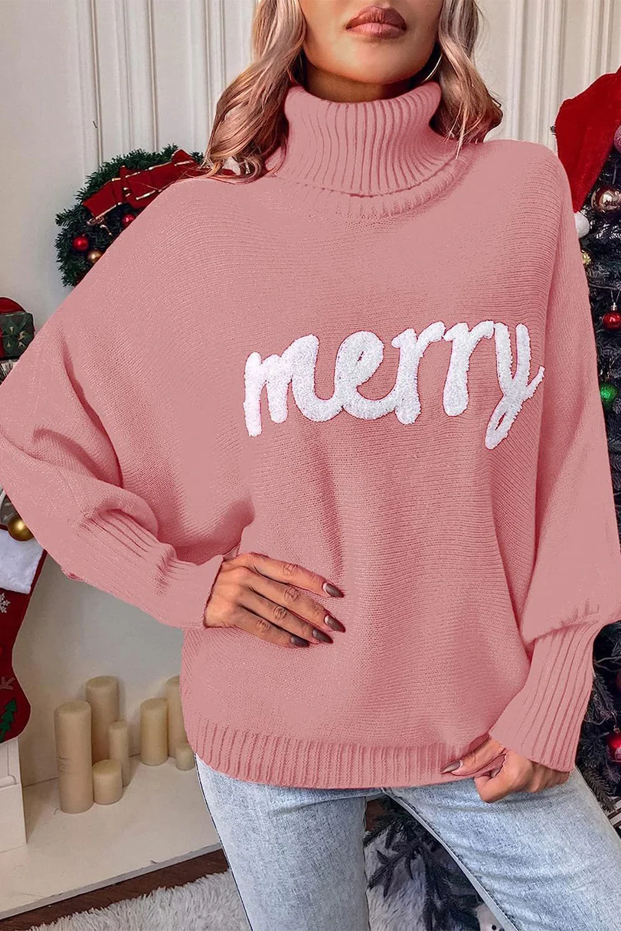 Merry Printed Dolman Sleeve Turtleneck Knitted Sweaters