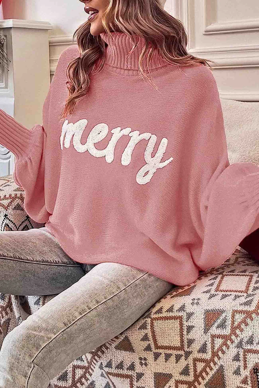 Merry Printed Dolman Sleeve Turtleneck Knitted Sweaters