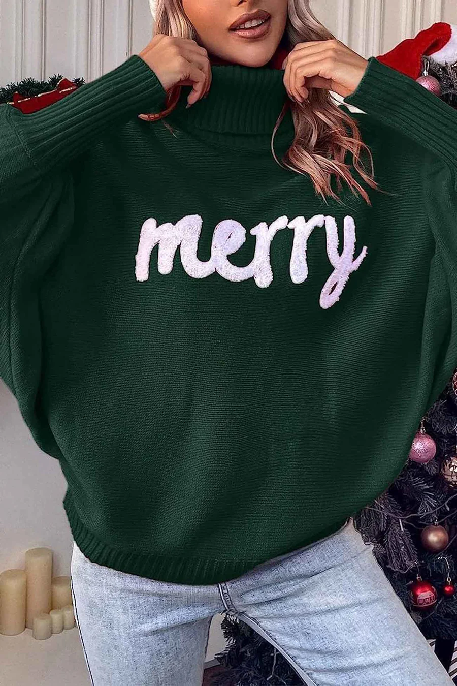 Merry Printed Dolman Sleeve Turtleneck Knitted Sweaters