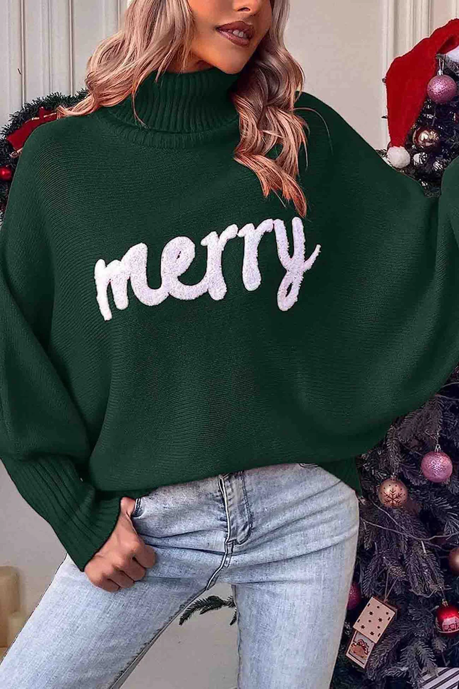 Merry Printed Dolman Sleeve Turtleneck Knitted Sweaters