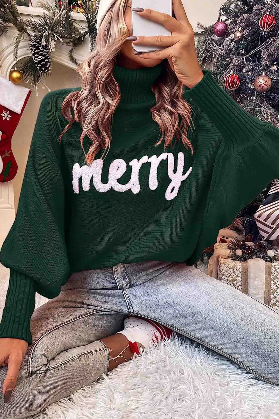 Merry Printed Dolman Sleeve Turtleneck Knitted Sweaters