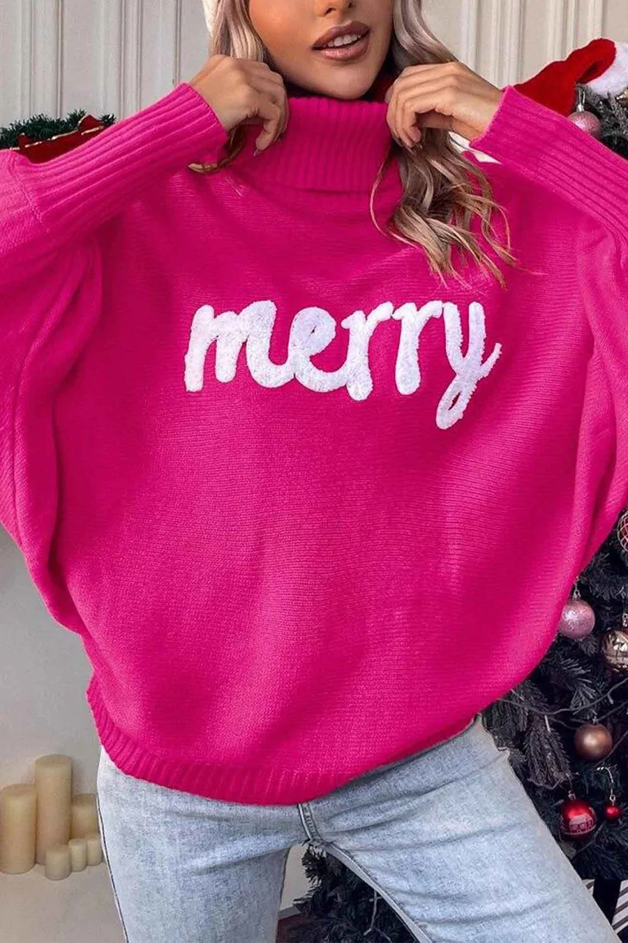 Merry Printed Dolman Sleeve Turtleneck Knitted Sweaters