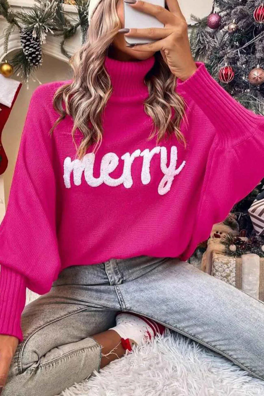 Merry Printed Dolman Sleeve Turtleneck Knitted Sweaters