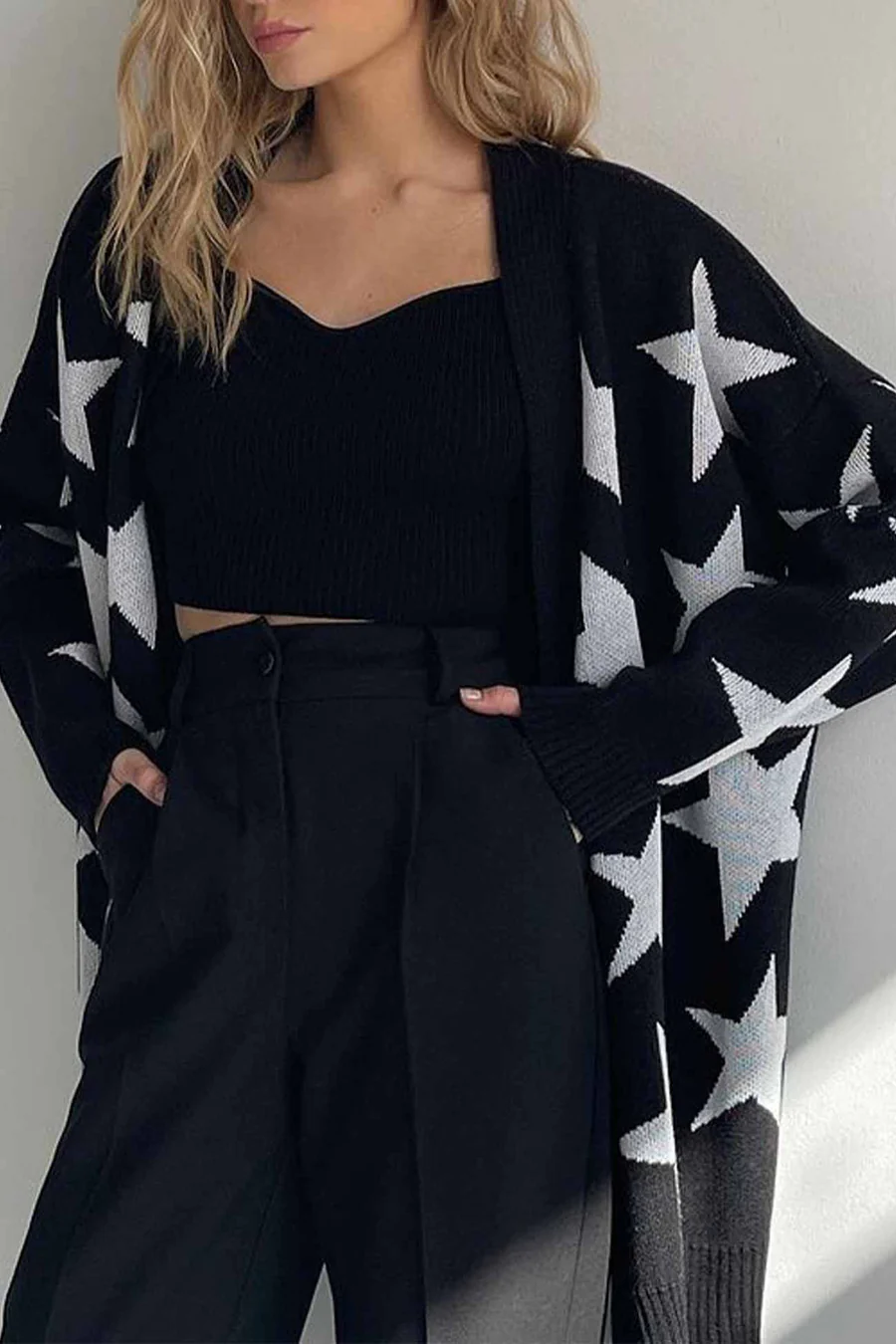 Contrast Star Knitted Button Up Cardigans