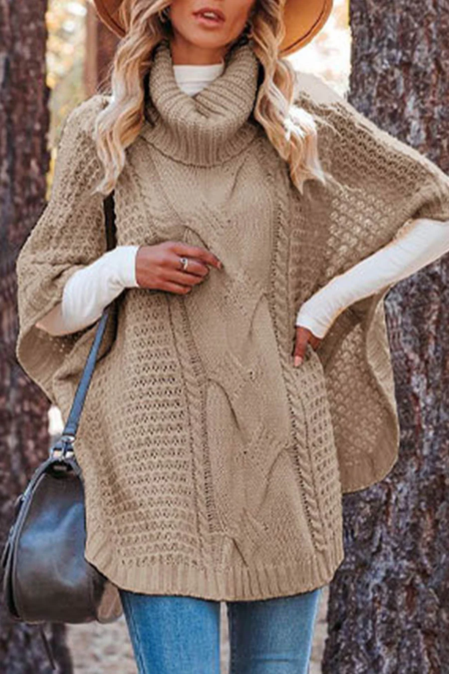 Turtleneck Cable Knit Shawl Sweaters