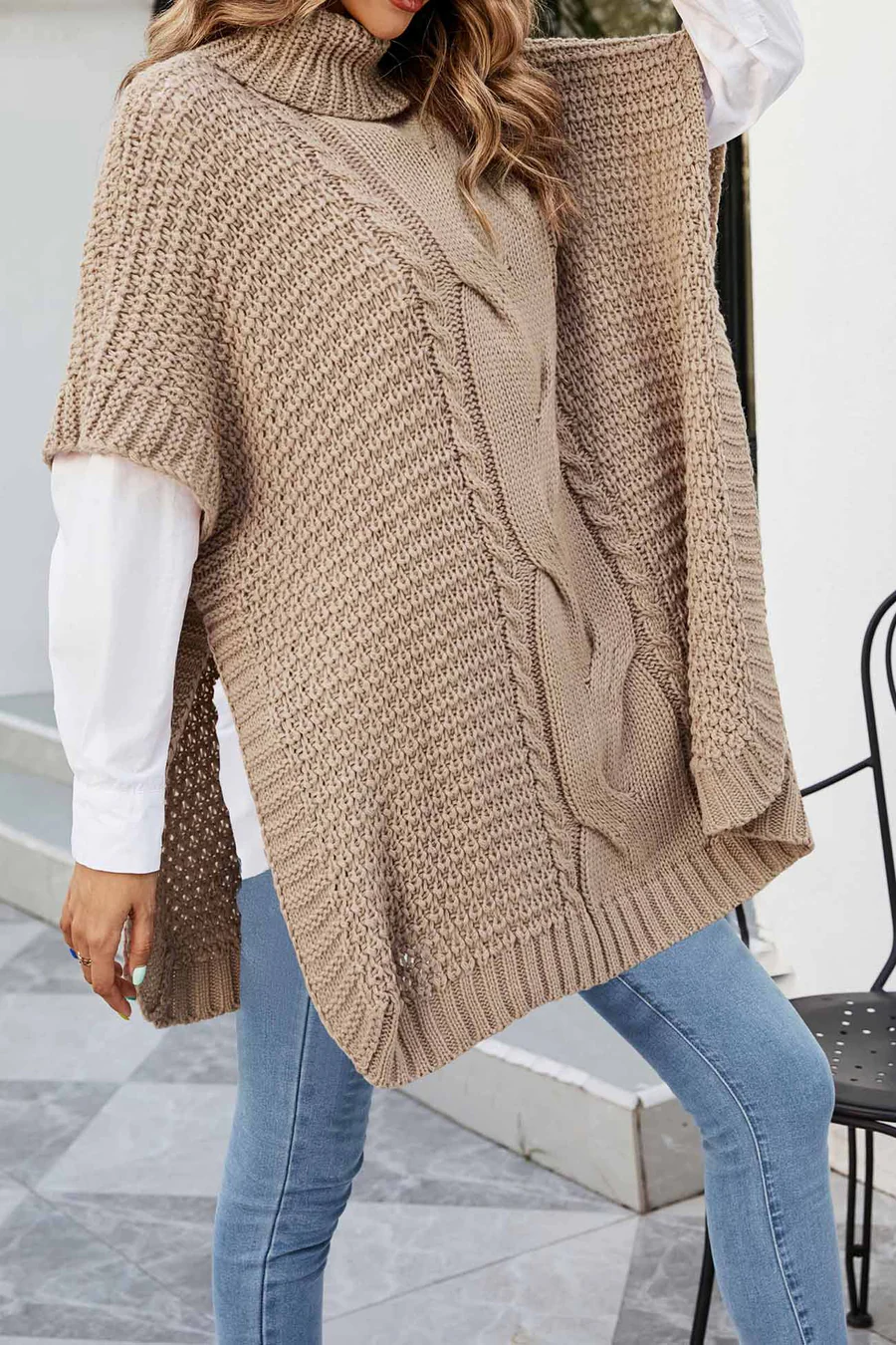 Turtleneck Cable Knit Shawl Sweaters