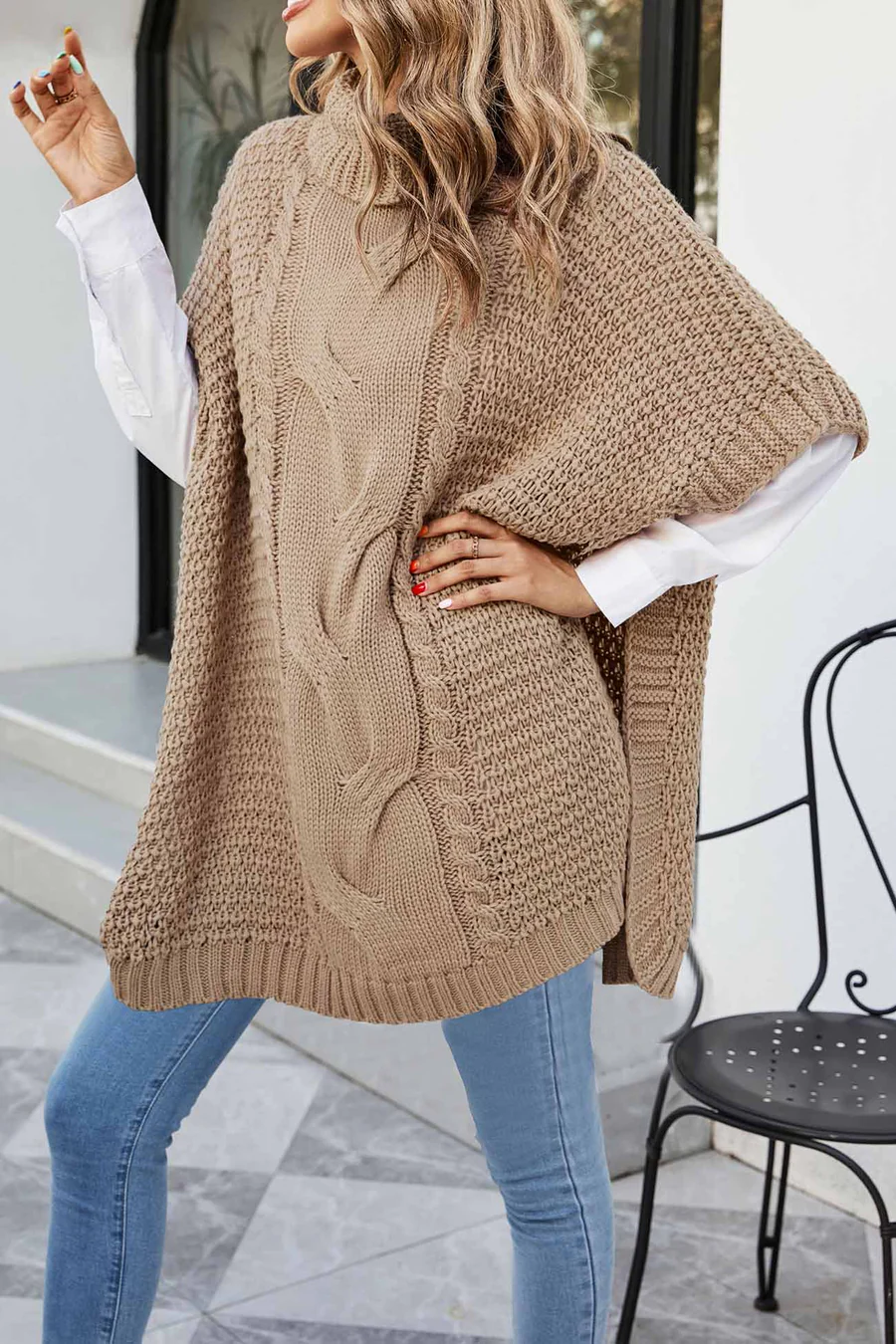 Turtleneck Cable Knit Shawl Sweaters
