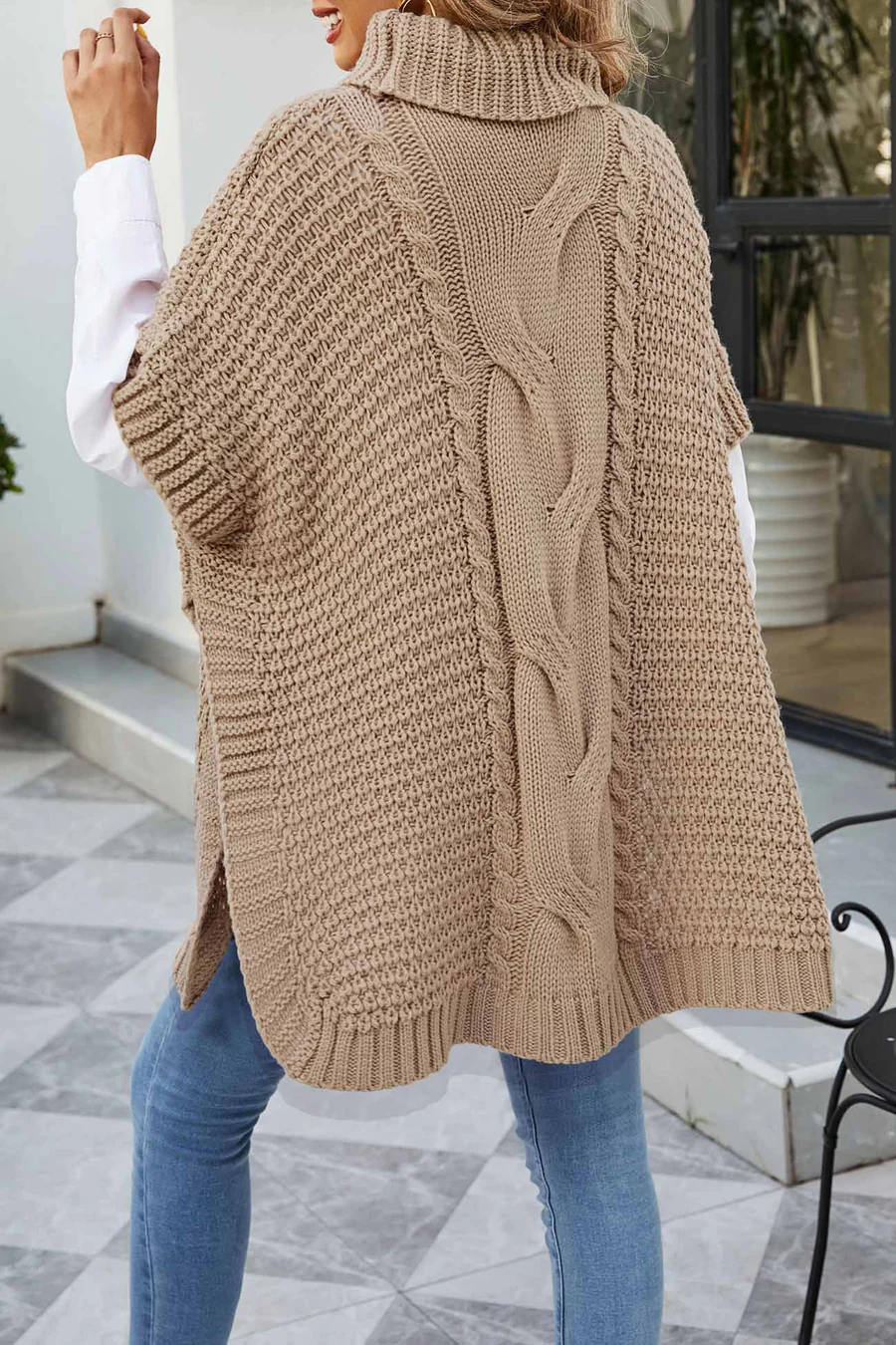 Turtleneck Cable Knit Shawl Sweaters