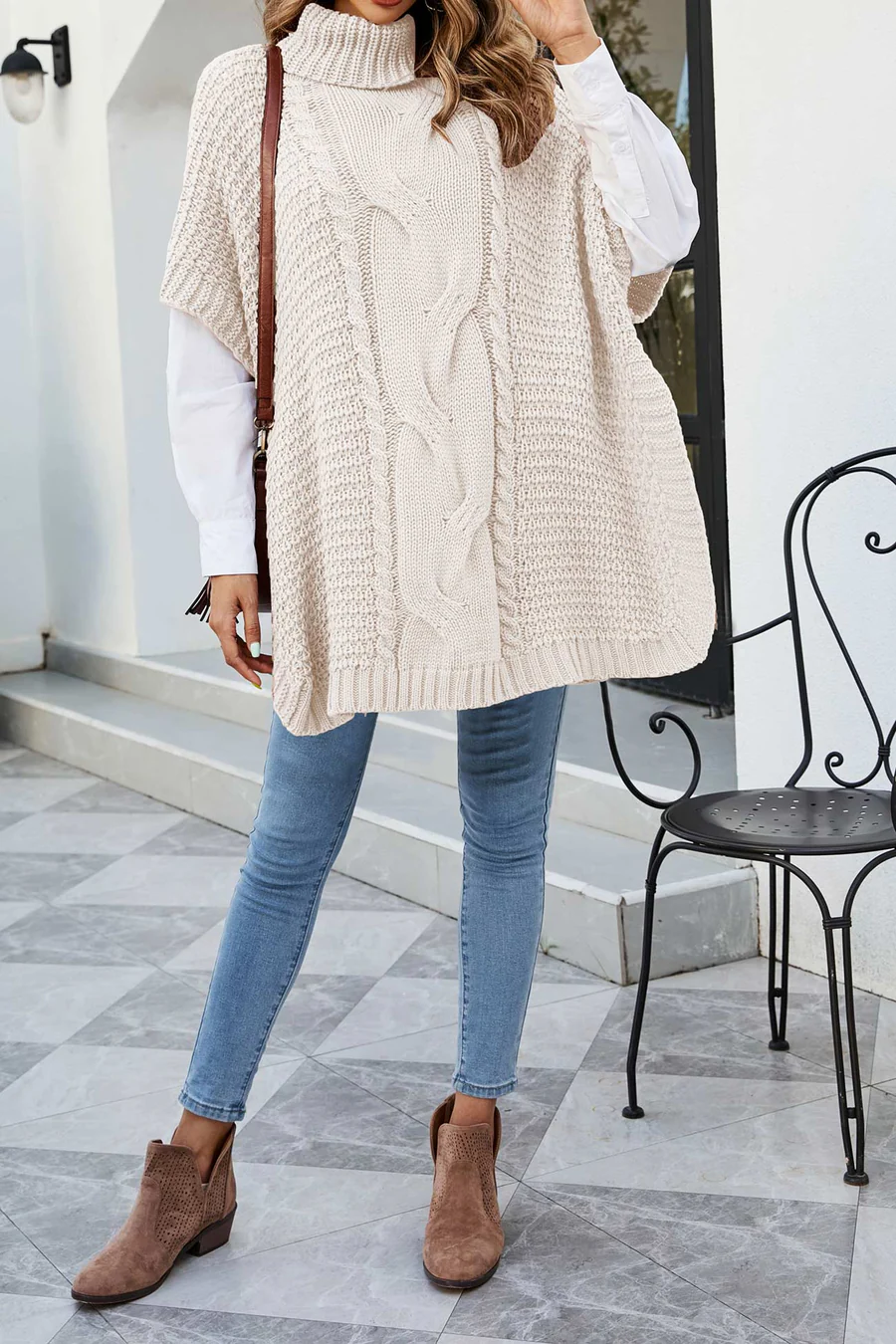 Turtleneck Cable Knit Shawl Sweaters