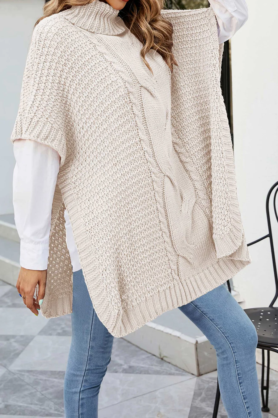 Turtleneck Cable Knit Shawl Sweaters