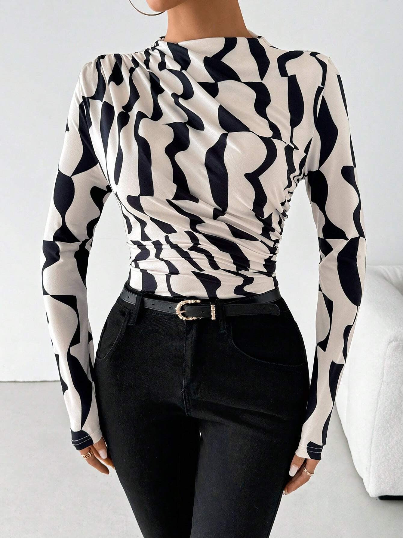 Stand-Up Collar Ruffled-Hem Printed Long-Sleeve Shirts