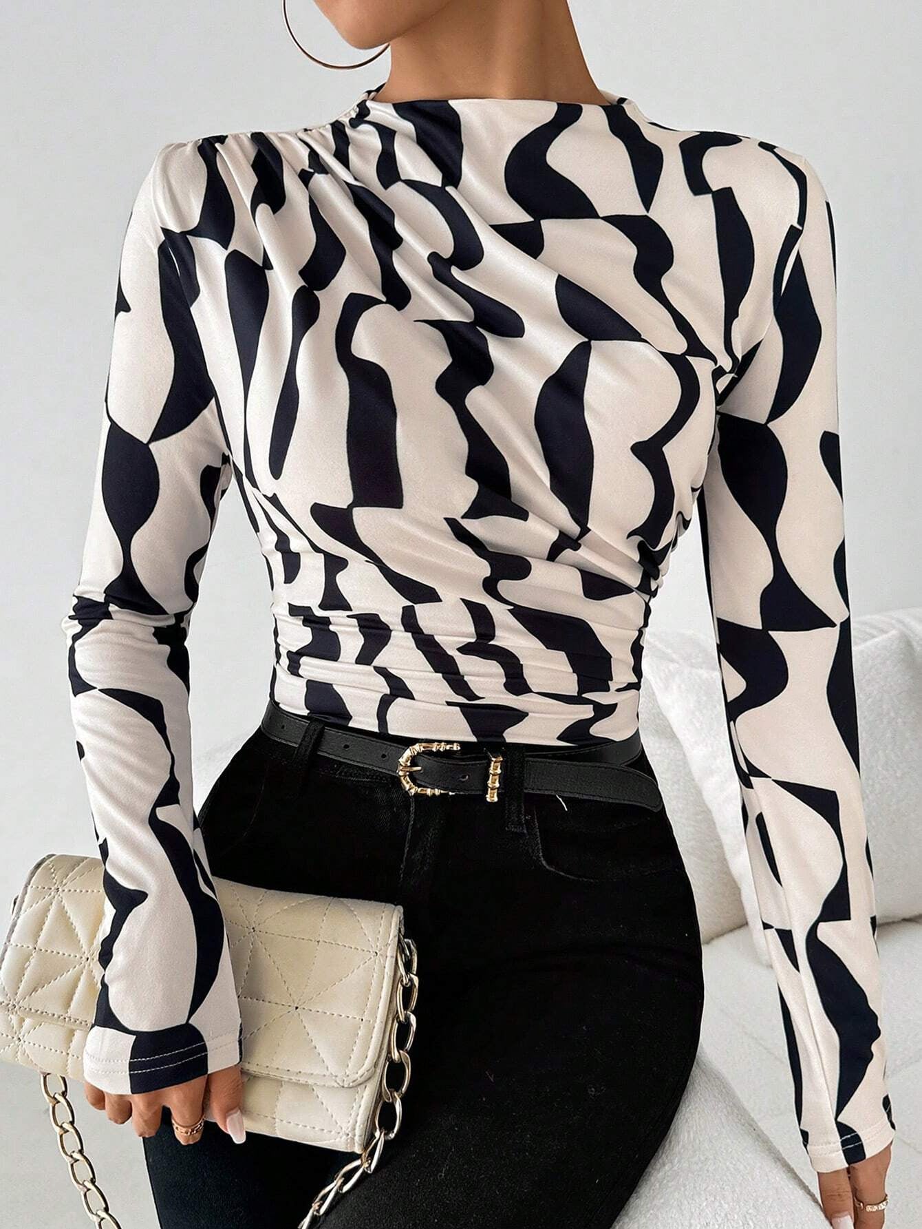 Stand-Up Collar Ruffled-Hem Printed Long-Sleeve Shirts