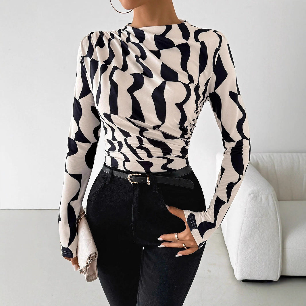 Stand-Up Collar Ruffled-Hem Printed Long-Sleeve Shirts
