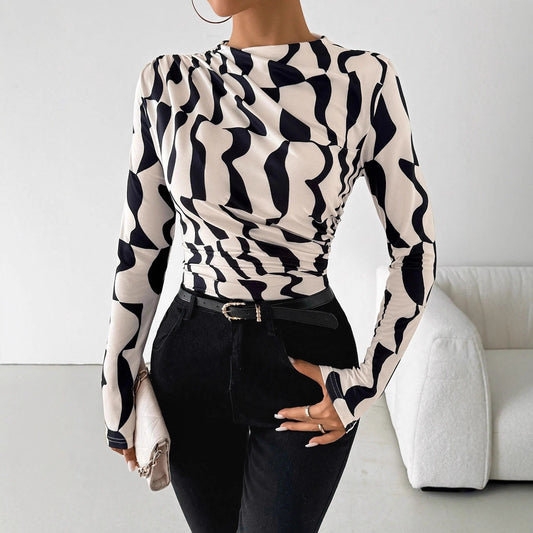 Stand-Up Collar Ruffled-Hem Printed Long-Sleeve Shirts