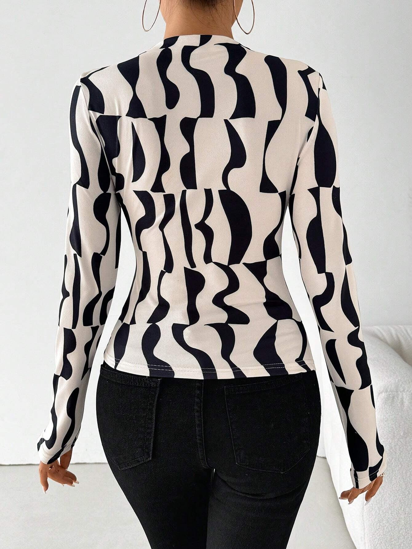 Stand-Up Collar Ruffled-Hem Printed Long-Sleeve Shirts