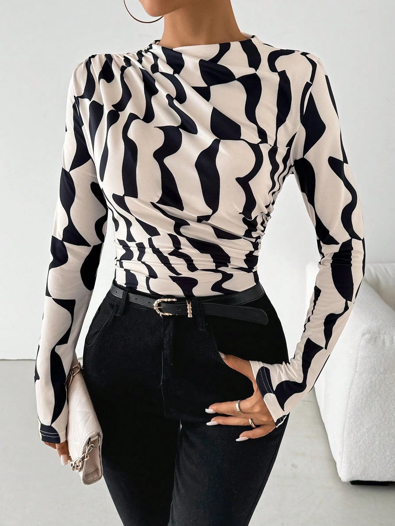 Stand-Up Collar Ruffled-Hem Printed Long-Sleeve Shirts