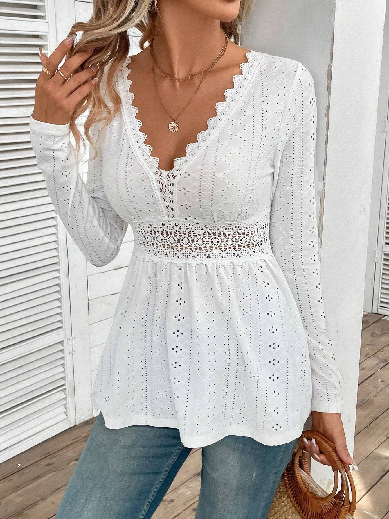 Solid Color Patchwork Lace Long-Sleeve Shirts