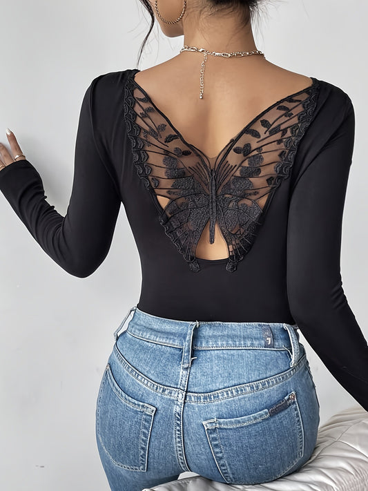 Back Cutout with Butterfly Lace Trim Shirts