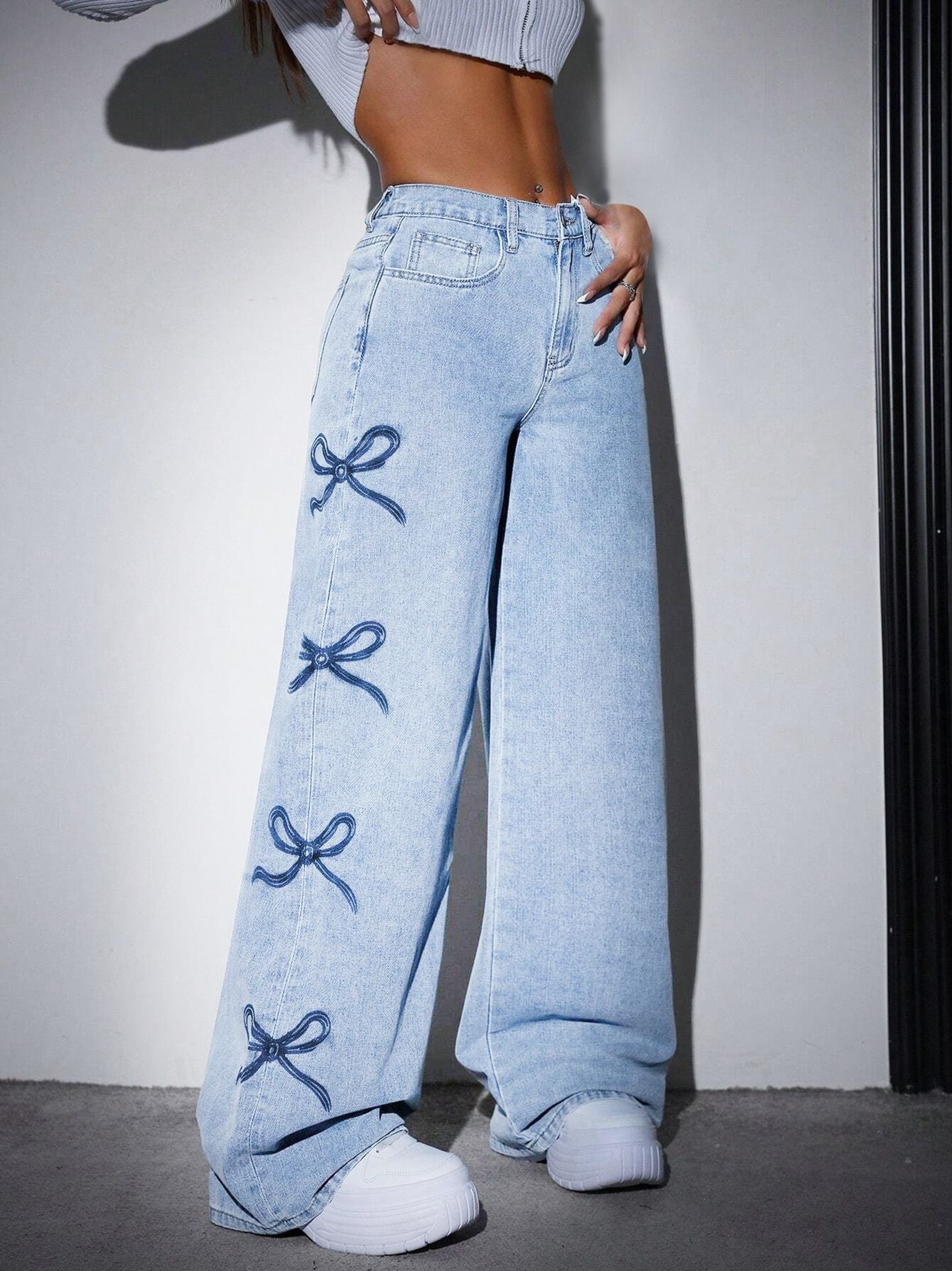 High-Waisted Butterfly-Design Denim Jeans