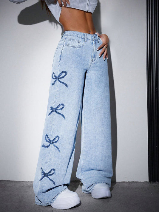 High-Waisted Butterfly-Design Denim Jeans