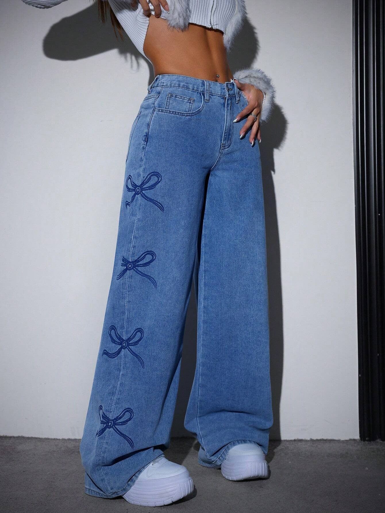 High-Waisted Butterfly-Design Denim Jeans