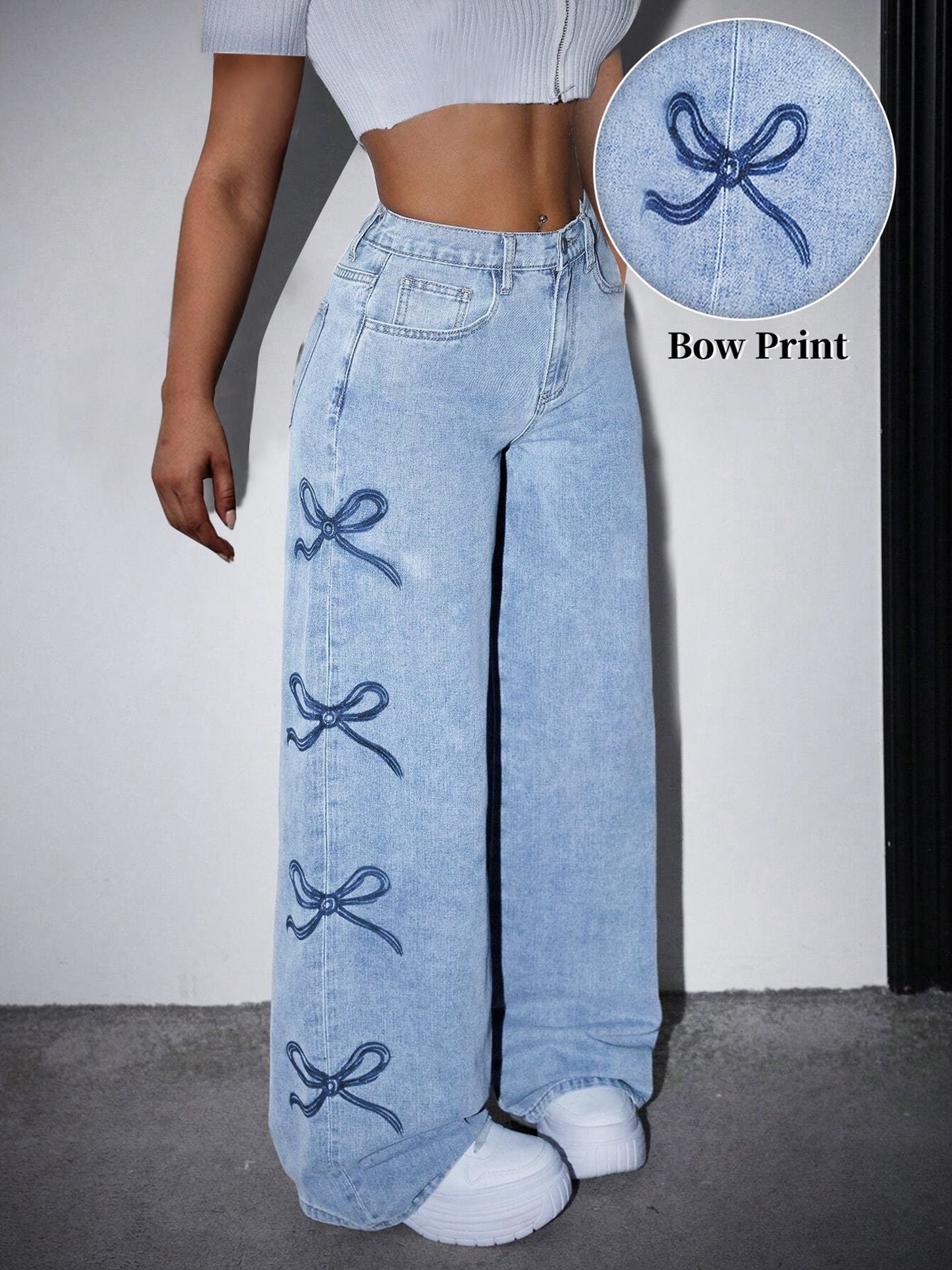 High-Waisted Butterfly-Design Denim Jeans