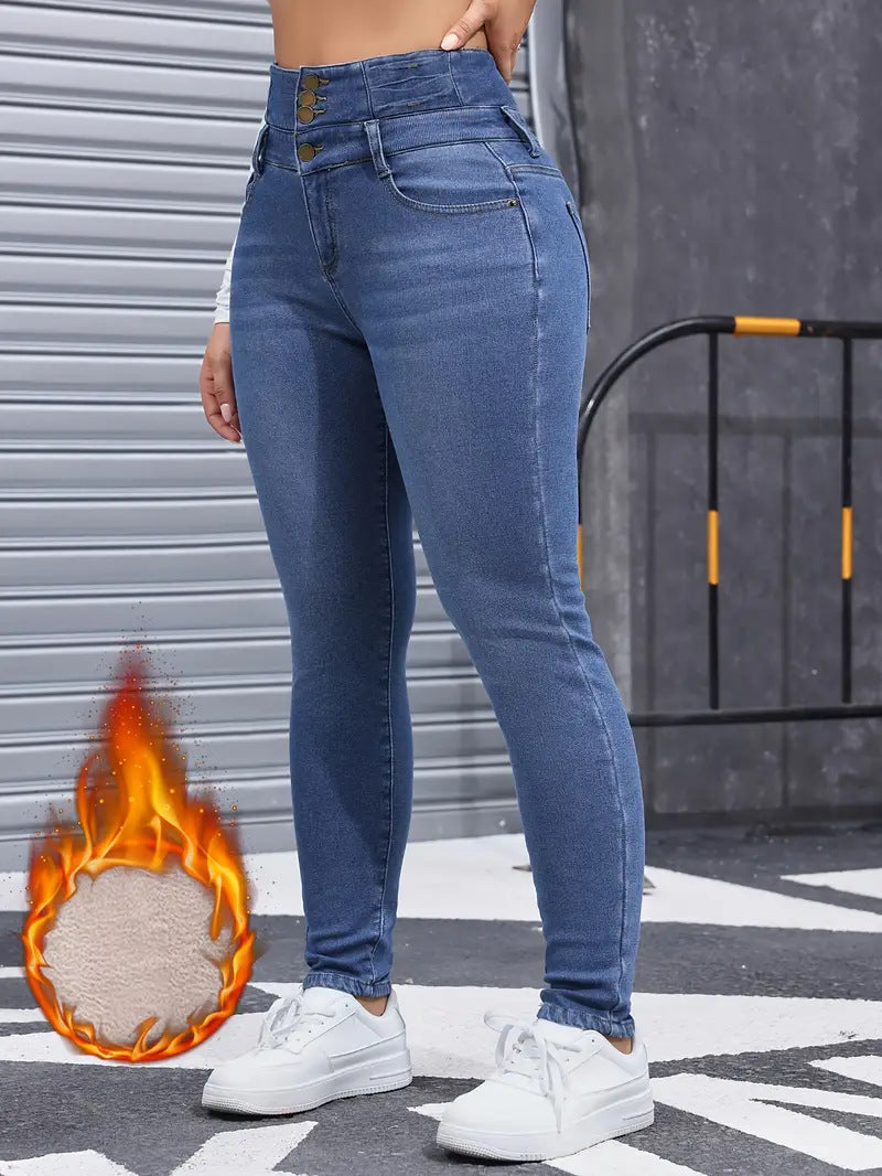 Fleece-Lined Stretch Multi-Button Slim-Fit Denim Pants