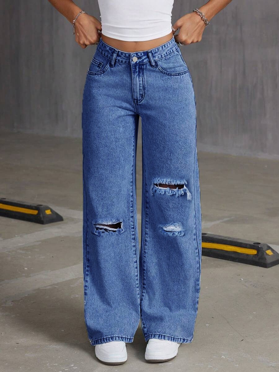 Relaxed Light Blue Washed Wide-Leg Jeans