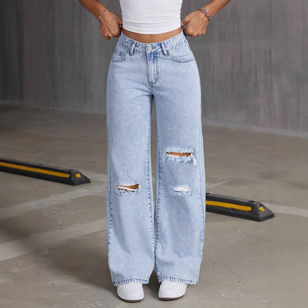 Relaxed Light Blue Washed Wide-Leg Jeans