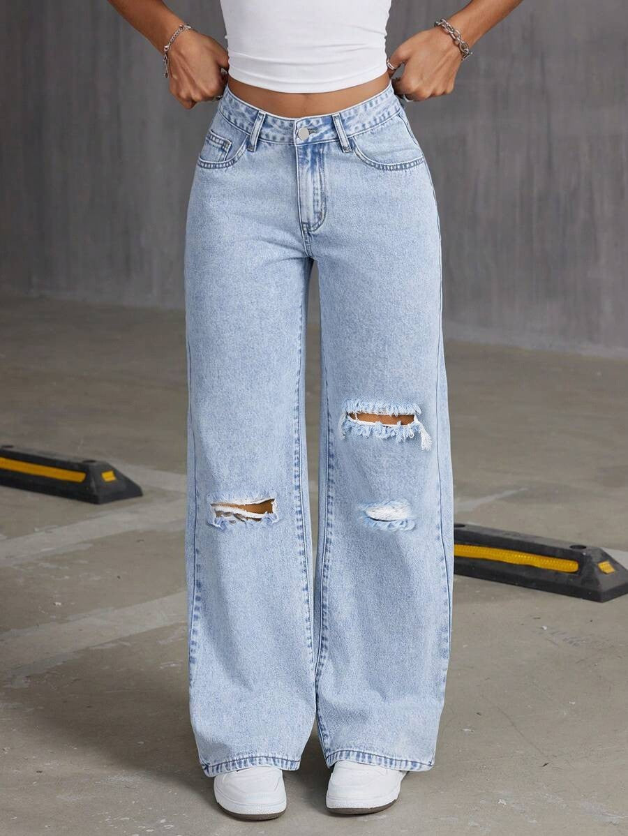 Relaxed Light Blue Washed Wide-Leg Jeans