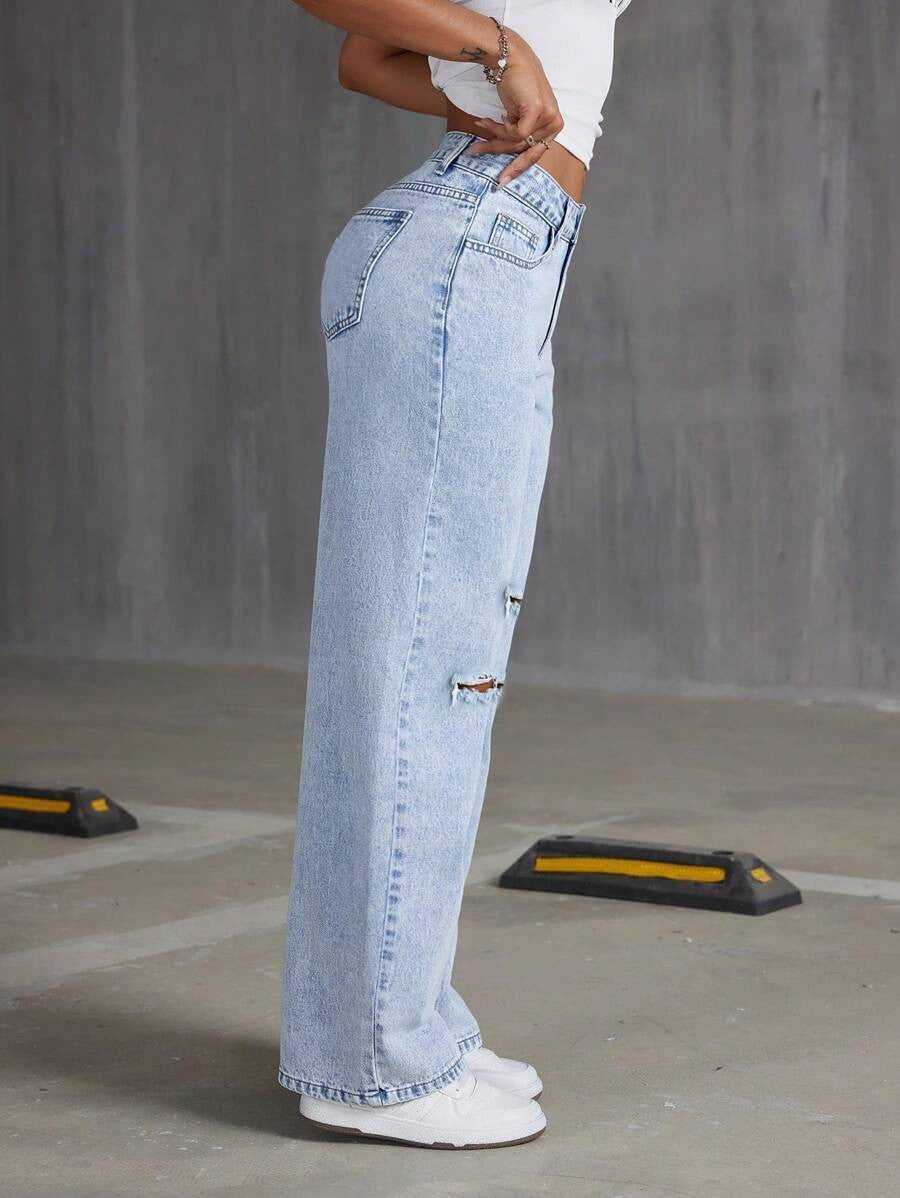 Relaxed Light Blue Washed Wide-Leg Jeans