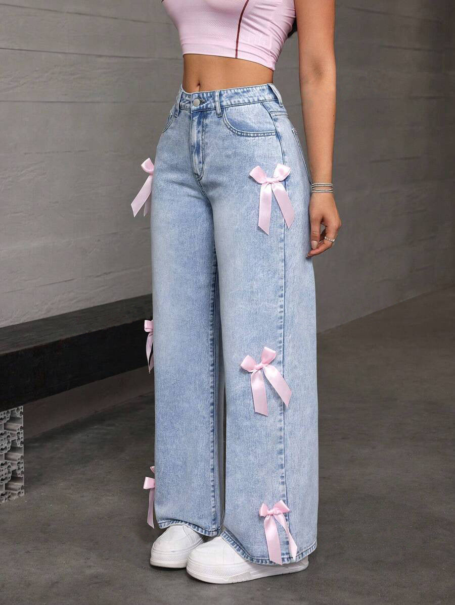 Bow-tie Washed Denim Jeans