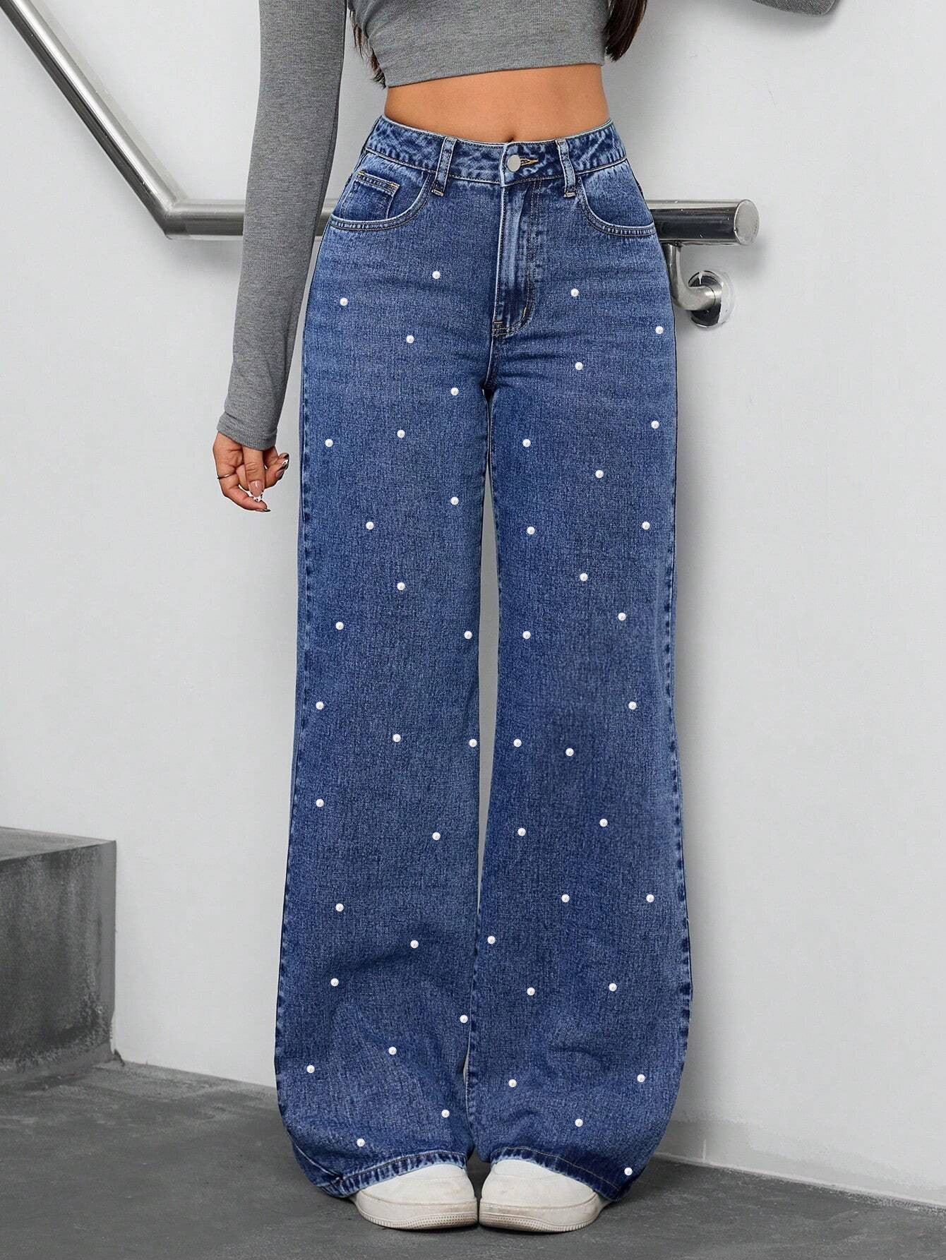 Pearl-Style High-Waisted Straight-Leg Denim Pants