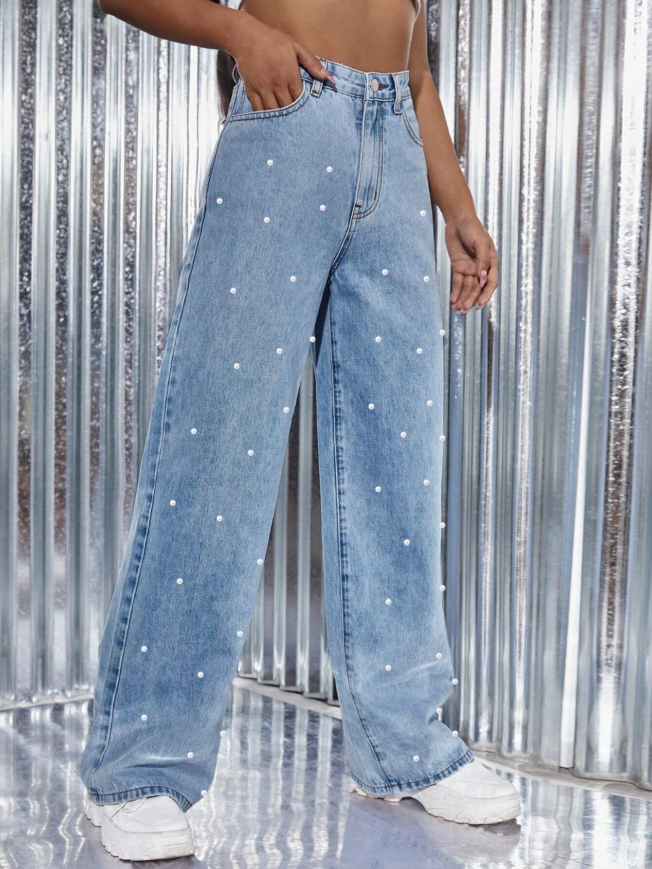 Pearl-Style High-Waisted Straight-Leg Denim Pants