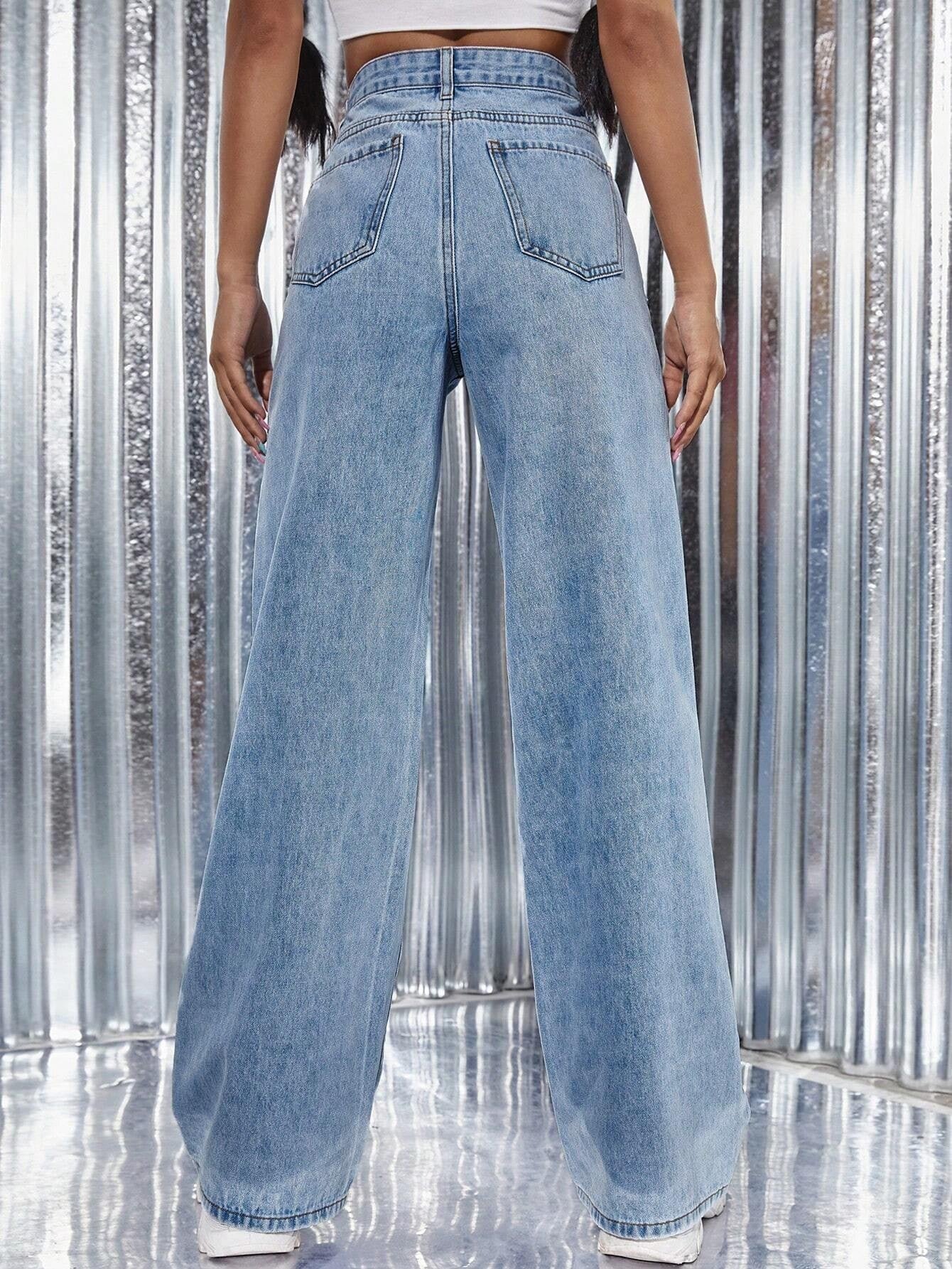 Pearl-Style High-Waisted Straight-Leg Denim Pants