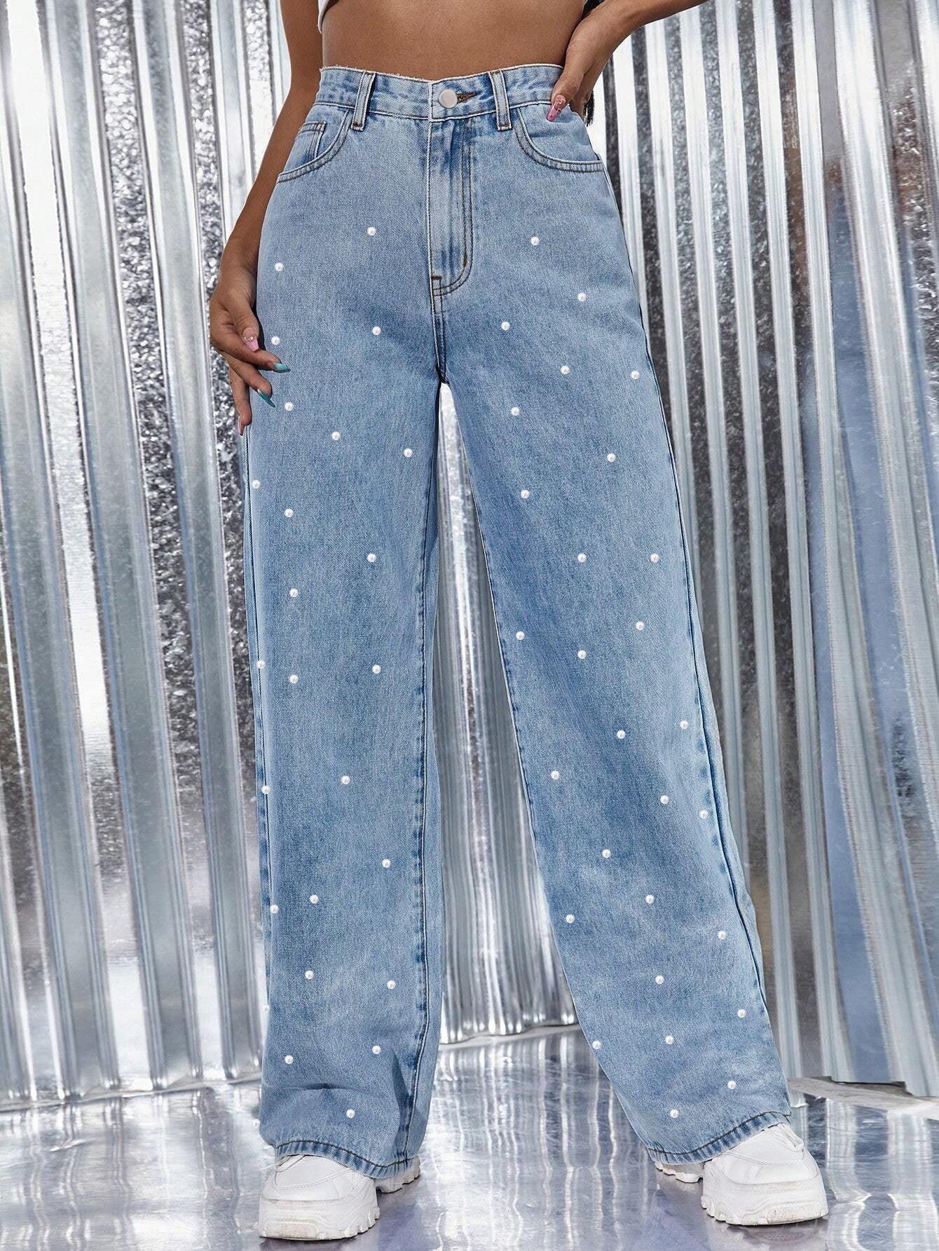 Pearl-Style High-Waisted Straight-Leg Denim Pants