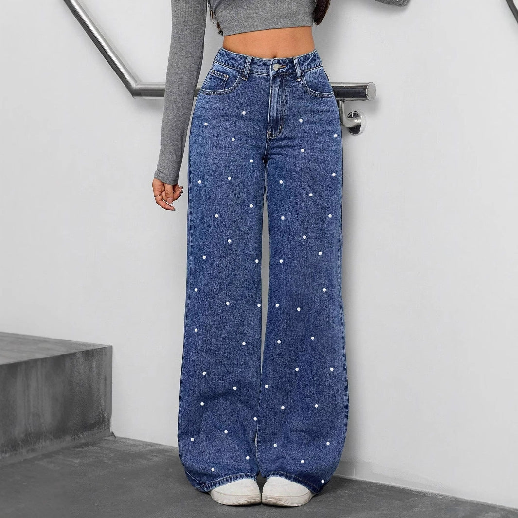 Pearl-Style High-Waisted Straight-Leg Denim Pants