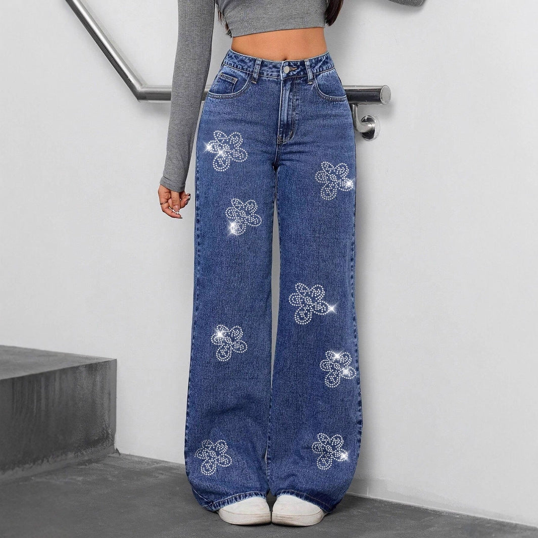 Floral Rhinestone-Embellished Relaxed Straight-Leg Jeans